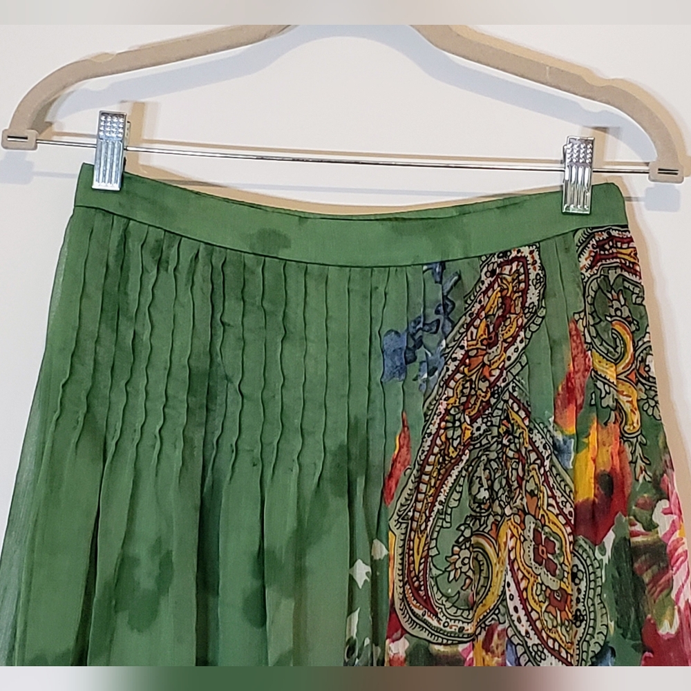 Soft Surroundings Maxi Skirt Pleated Green Floral Paisley Satiny Lined Size PXS - Picture 2 of 10